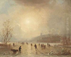 Skaters on a lake at dusk