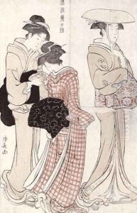 Young woman wearing a wide straw hat followed by a servant and a companion carrying a furoshiki from the series Fuzoku Azuma no nishiki by Torii Kiyonaga