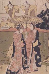 Kabuki scene with part of the chorus two young lovers leave the stage by the flower route by Torii Kiyonaga
