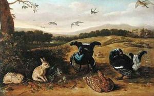 Black game rabbits and swallows in a park by Leonard Knyff