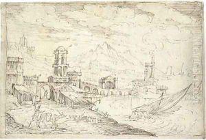 A coastal town with ships setting sail by Kerstiaen De Keuninck The Elder