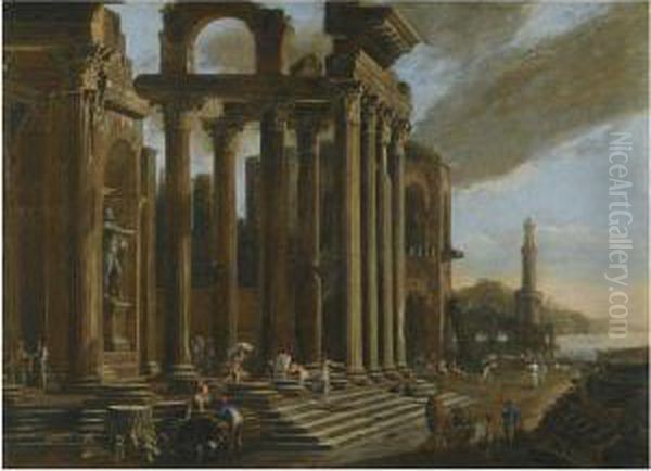 An Architectural Capriccio With Figures Amongst Classical Ruins by Viviano Codazzi