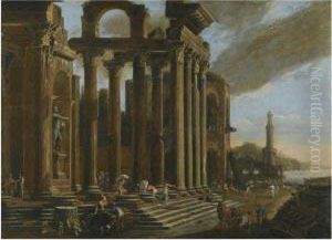 An Architectural Capriccio With Figures Amongst Classical Ruins