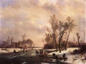 A Winter Landscape with Skaters on a Frozen River by Pieter Lodewijk Francisco Kluyver
