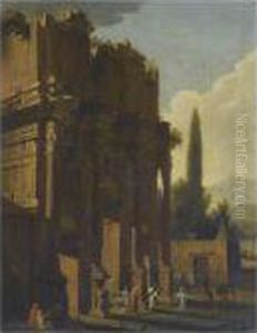 A Capriccio Landscape With Classical Ruins And Figures In Theforeground by Viviano Codazzi