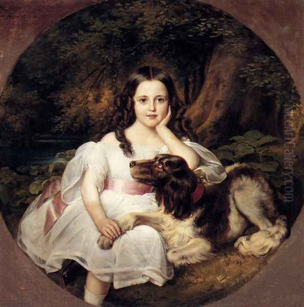 A Young Girl Resting In A Landscape With Her Dog - view 1