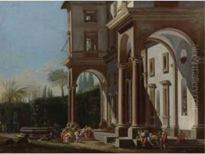 A Palace With Pavilions And A Fountain, With Joseph Revealing Himself To His Brothers