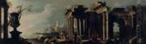 A 'capriccio' View Of An
Italianate Coast With Figures Conversing Among Ancient Ruins, A Harbour
Town Beyond by Viviano Codazzi