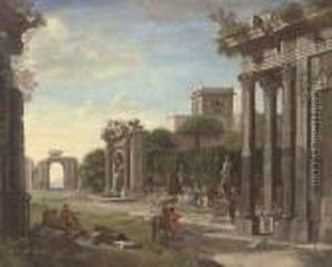 An Arhitectural Capriccio Of Classical Ruins With Elegant Company by Viviano Codazzi