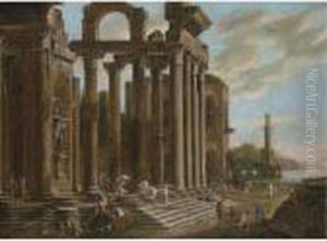 An Architectural Capriccio With Figures Amongst Classical Ruins, A Lighthouse Beyond by Viviano Codazzi