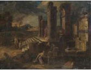 A Capriccio Scene With Figures Amongst Classical Ruins by Viviano Codazzi
