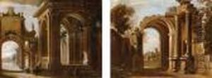 A Architectural Capriccio With Figures By A Fountain by Viviano Codazzi