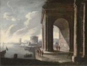 A Mediterranean Coastal Harbour With Figures By A Classicalarch