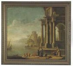 A Capriccio Of A Mediterranean Harbour With Figures Amongst Classical Ruins