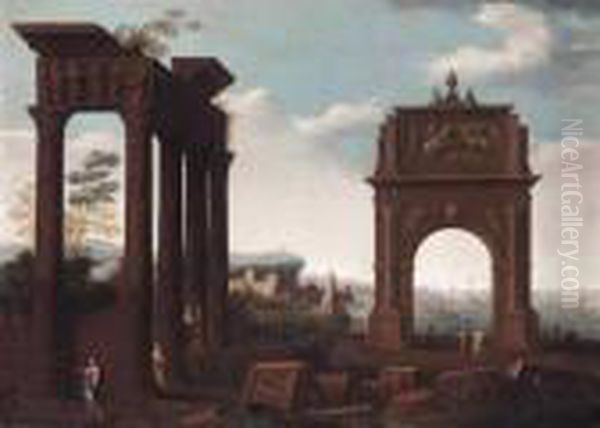 An Architectural Capriccio With Figures Amongst Ruins, A Mediterranean Port Beyond - view 1