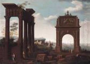 An Architectural Capriccio With Figures Amongst Ruins, A Mediterranean Port Beyond by Viviano Codazzi