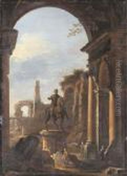 A Capriccio Of Roman Ruins With 
Peasants Amongst Ruins By The Equestrian Statue Of Marcus Aurelius - view 1