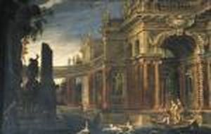A Classical Building With Figures Swimming In A Moat