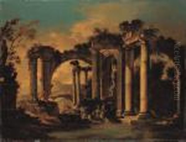 Capricci Of Lakeside Classical Ruins With Peasants - view 1