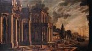 Capricci Of Mediterranean 
Harbours With Merchants And Travellers Onquays By Palatial Mansions, 
Threemasters Setting Out Beyond