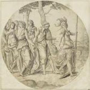 The Armed Minervaproceeds Out Of A Group Of Women by Pieter Coecke Van Aelst
