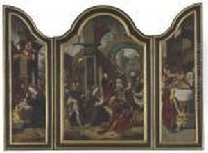 A Triptych: Central Panel: The Adoration Of The Magi by Pieter Coecke Van Aelst