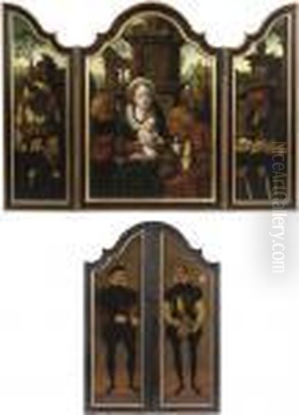 A Triptych: The Adoration Of The Magi With Donors And Two Male Donors On The Outer Wings - view 1