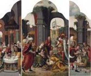 A Triptych: The Central Panel: 
The Adoration Of The Magi; The Left Wing: The Circumcision; The Right 
Wing: The Adoration Of The Shepherds by Pieter Coecke Van Aelst