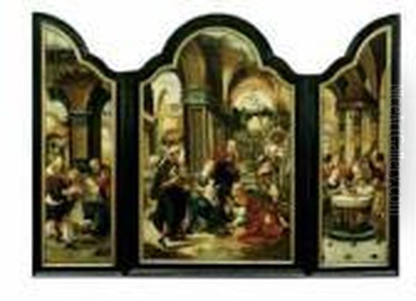 Triptychon. Mitteltafel: Die 
Anbetung Der Heiligen Drei Konige. Linker Flugel: Maria Und Joseph Sowie
 Ein Hirte Das Kind Anbetend. Rechter Flugel: Die Die Darbringung Im 
Tempel. - view 1