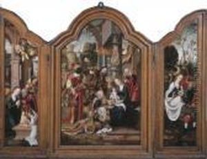 A Triptych: Central Panel: The
Adoration Of The Magi; Left Wing:the Nativity; Right Wing: The Flight
Into Egypt by Pieter Coecke Van Aelst