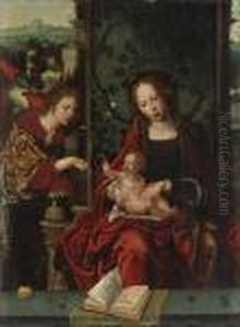 The Virgin And Child Enthroned, With The Angel Gabriel Proffering A Lily: A Fragment by Pieter Coecke Van Aelst