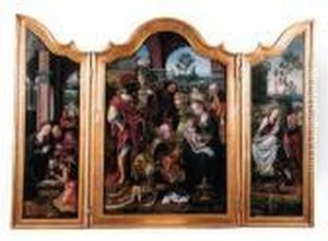 A Triptych: The Adoration Of The
Magi In The Central Compartment,the Nativity And The Flight Into Egypt
On The Wings by Pieter Coecke Van Aelst
