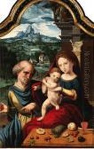 The Holy Family With A Village And Mountains Beyond by Pieter Coecke Van Aelst