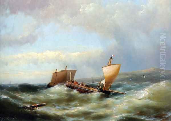 Sailors in a barge on a choppy sea - view 1