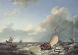 Shipping in a stiff breeze by Hermanus Jr. Koekkoek