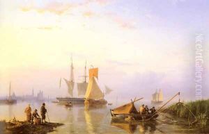 Shipping in a Calm, Amsterdam by Hermanus Jr. Koekkoek