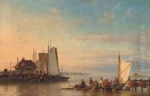 Calm water, with fishing boats at [sic] the river near Amsterdam by Hermanus Jr. Koekkoek