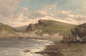 Fishing vessels on the shore by Hermanus Jr. Koekkoek