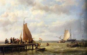 Provisioning a Tall Ship at Anchor by Johannes Hermanus Koekkoek Snr
