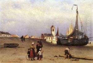 Fisher Folk and Beach Bomschuiten, near Katwijk by Johannes Hermanus Koekkoek Snr
