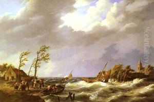 Dutch Fishing Vessel caught on a Lee Shore with Villagers and a Rescue Boat in the foreground