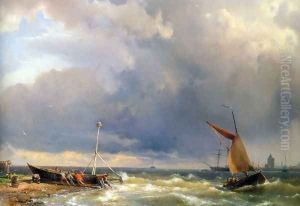 Shipping in a Stiff Breeze near Enkhuizen by Johannes Hermanus Koekkoek Snr