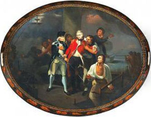 Of Oval Form, Painted With
Captain Henry Trollope With Themortally Wounded Captain Henry Ludlow
Strangeways On The Deck Ofhms Glatton, After A Painting By Henry
Singleton, With A Giltfoliate Border, Inscribed On The Reverse, Raised
On A Later Faux - view 1
