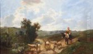 Travellers And Sheep On A Country Road by George Vicat Cole