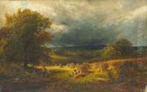 Figures In A Hayfield Under Threatening Skies