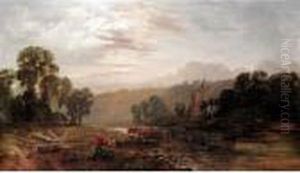 A River Landscape With Figures And Cattle by George Vicat Cole