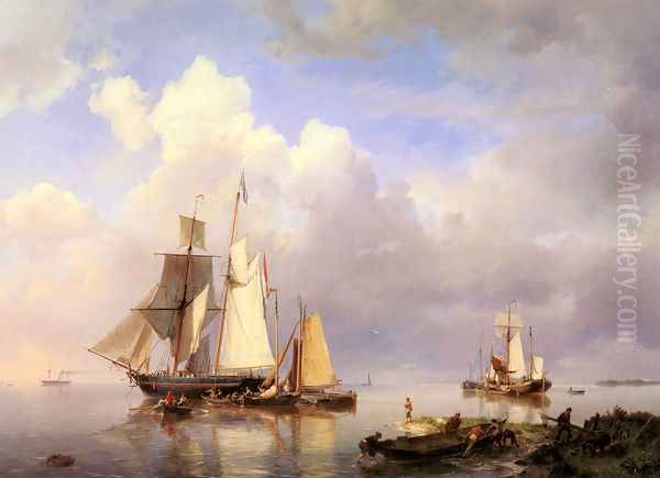 Vessels at Anchor in an Estuary with Fisherman hauling up their rowing boat in the Foreground - view 1