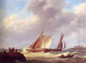 Fishermen On A Jetty Overlooking A River Estuary, A Castle Beyond