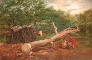 Wooded Landscape With Figures Seated Beside A Felled Tree In The Foreground by George Vicat Cole