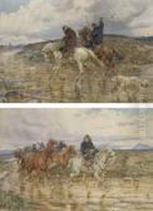Deux Cavaliers A Cheval Avec Un 
Chien; Et Deux Cavaliers Convoyantdes Chevaux Dans La Campagne